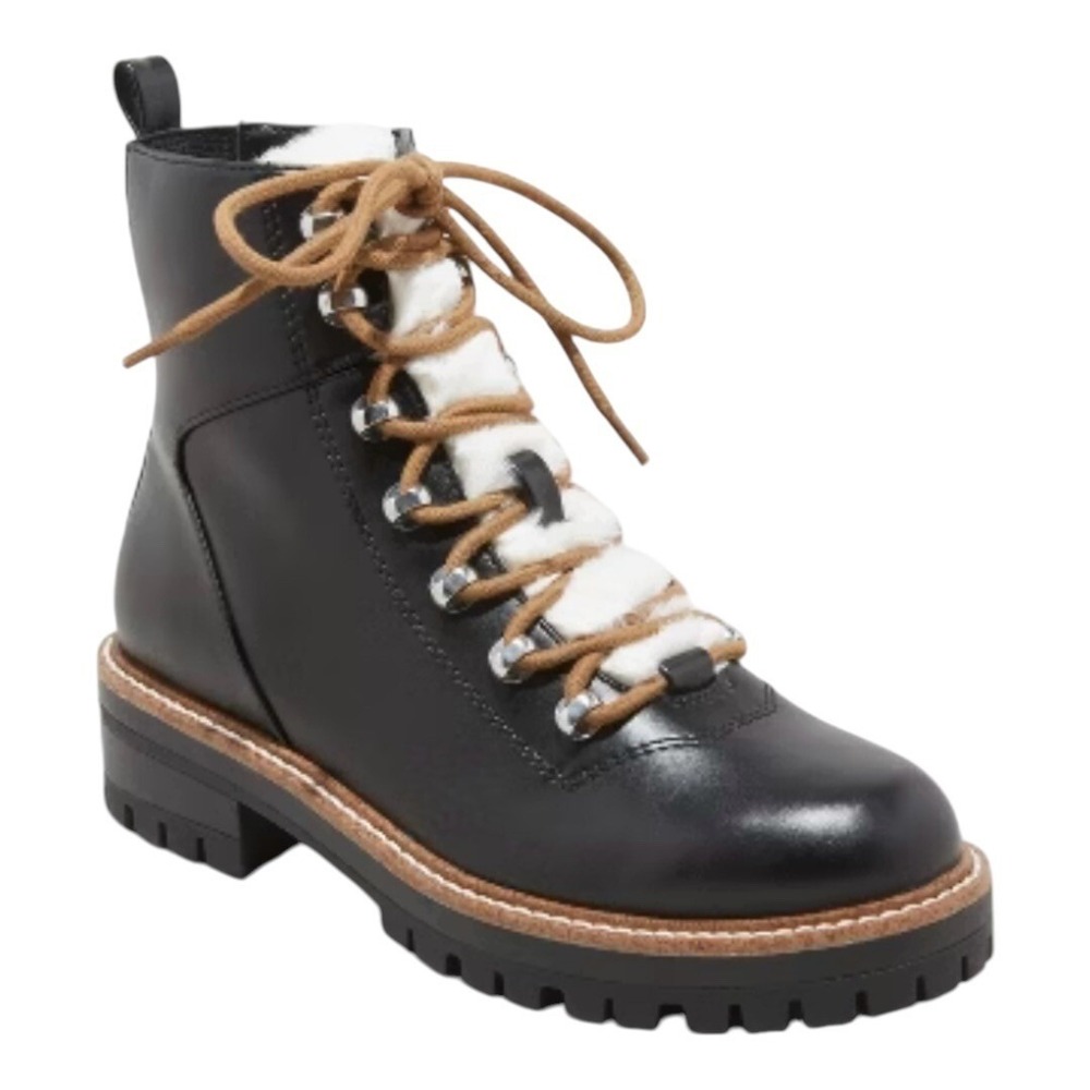 A New Day Combat Boots Womens 10 Black Faux Fur Trim Lug Sole Zipper Hiking Moto